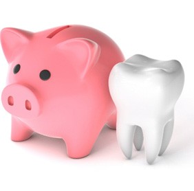 Illustration of piggy bank standing next to a tooth